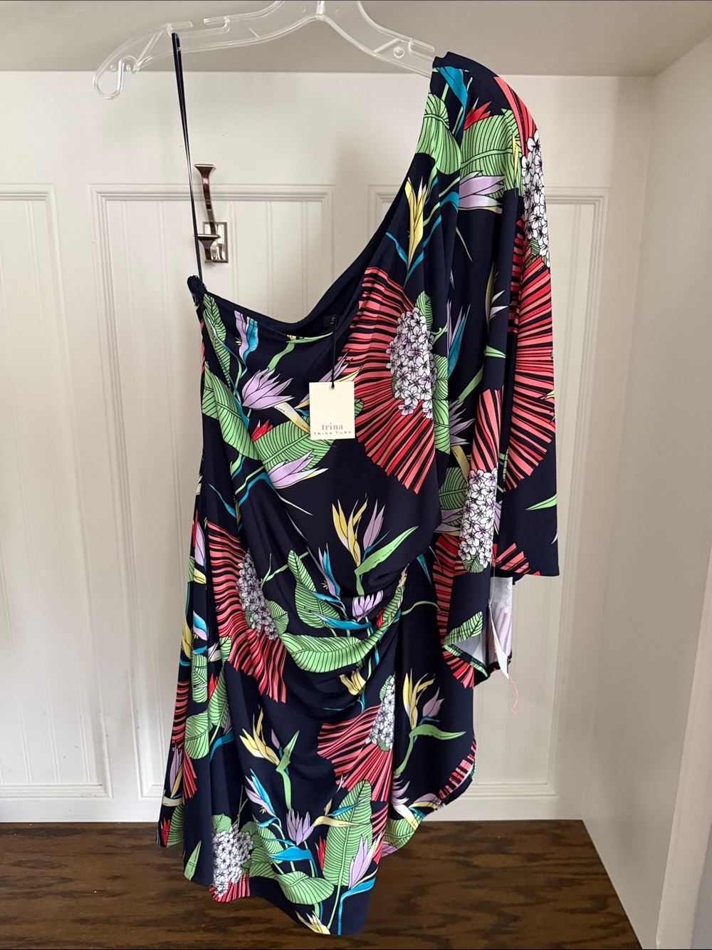 Trina Turk Navy Tropical One-Shoulder Dress with Coral & Green Print
